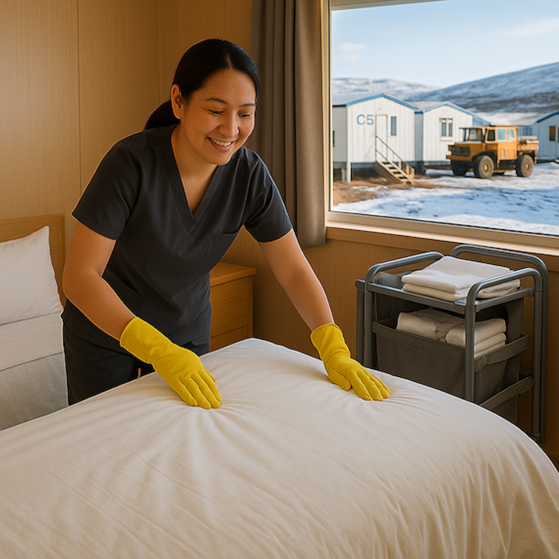 Smiling hotel housekeeper in Igloolik with Arctic scenery visible through window